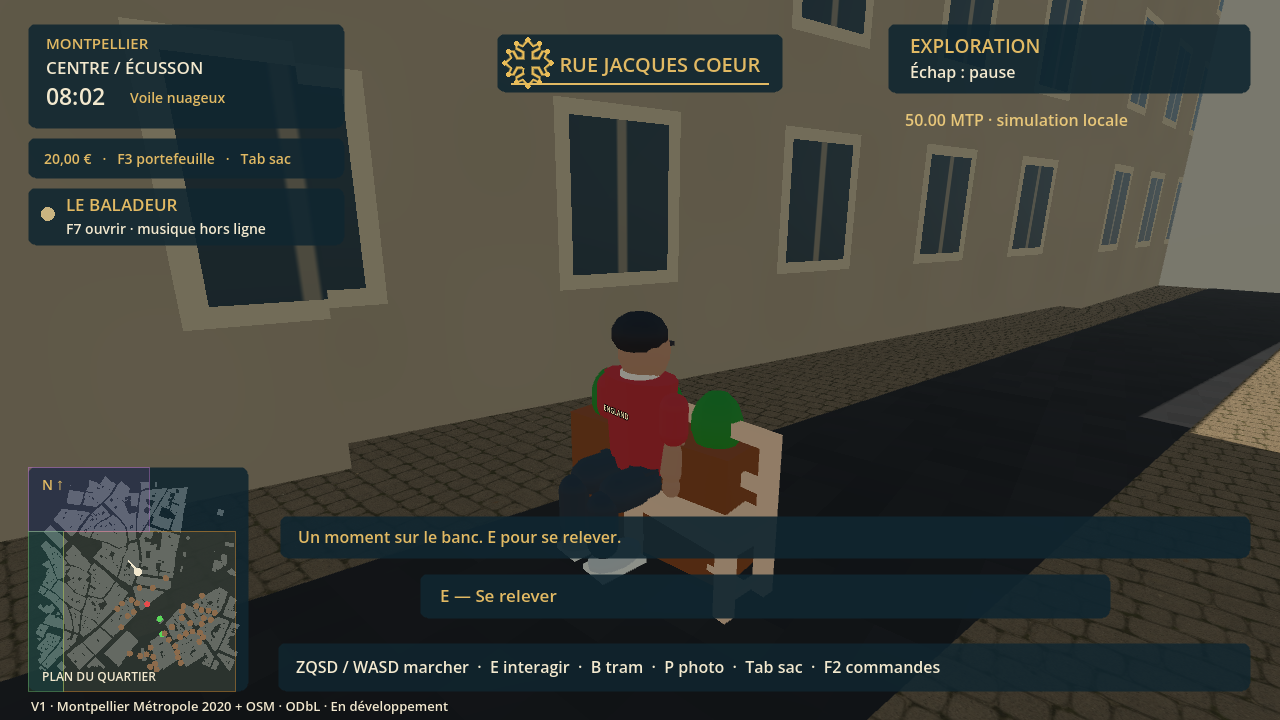 Preuve visuelle V1 : interaction avec un banc. Une capture illustre un état; elle ne prouve pas tous les parcours possibles.