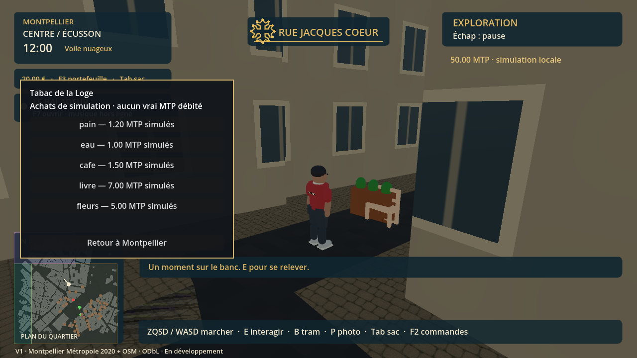 Capture V1 : commerce et interface. Le dossier n’invente pas de rendu photoréaliste à partir de cette image.