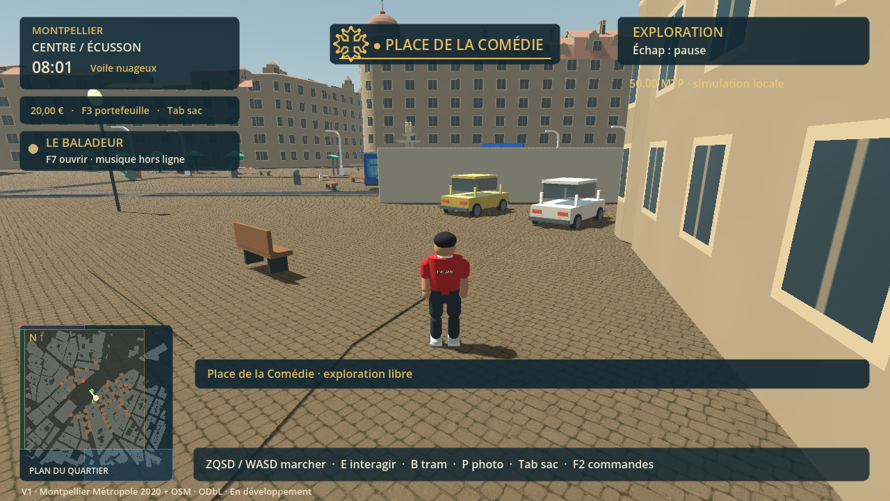 Capture conservée dans les preuves V1 du 30 septembre 2026 : place de la Comédie. Image du jeu, sans retouche de rendu.