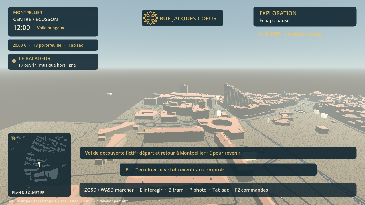 Preuve V1 : vol panoramique fictif. Ce mode ne constitue pas une simulation aéronautique complète.